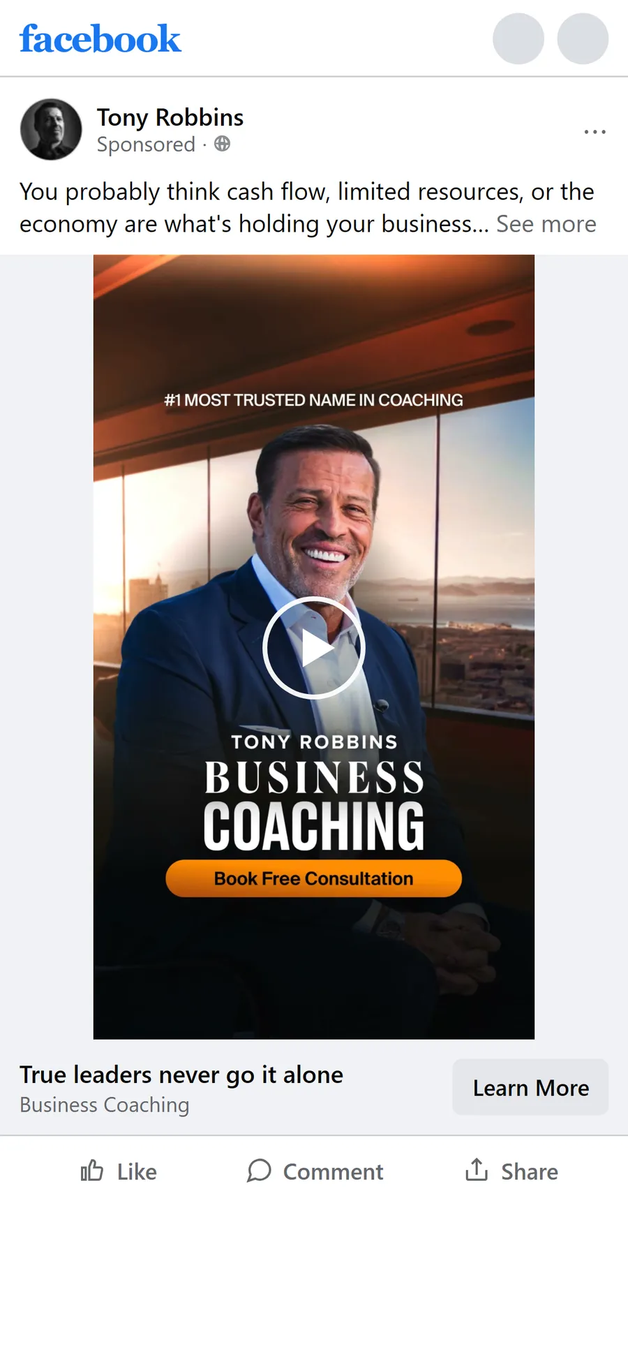 Tony Robbins — "True leaders never go it alone" ad (mobile)