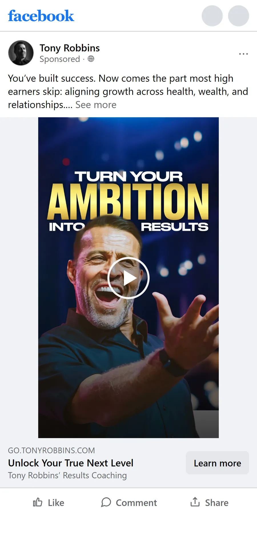 Tony Robbins — "Turn your ambition into results" video ad (mobile)