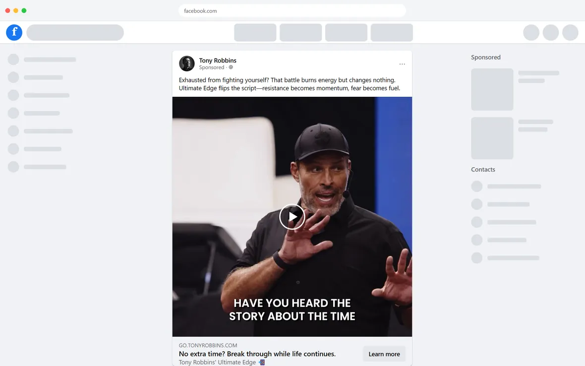 Tony Robbins — "No extra time? Break through while life continues." ad (desktop)