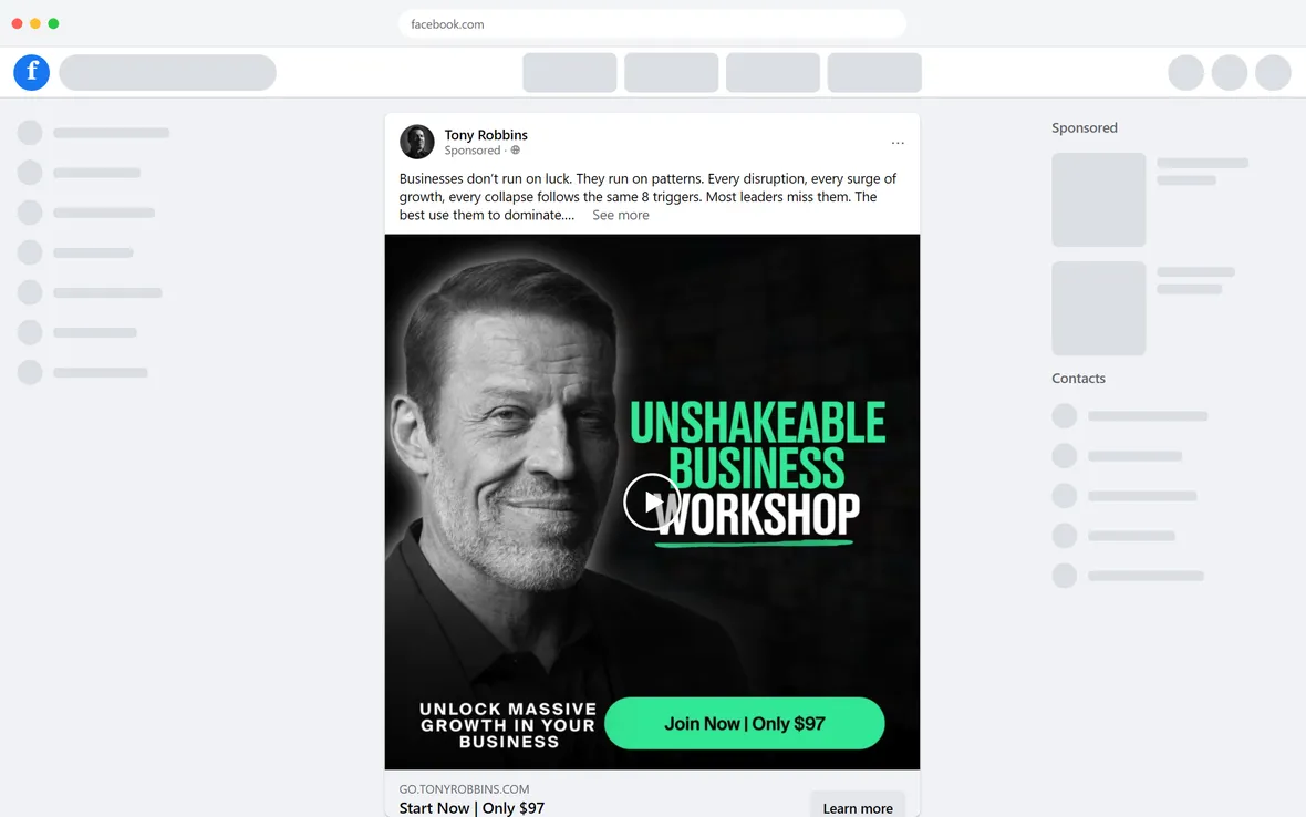 Tony Robbins — "Start Now | Only $97" ad (desktop)