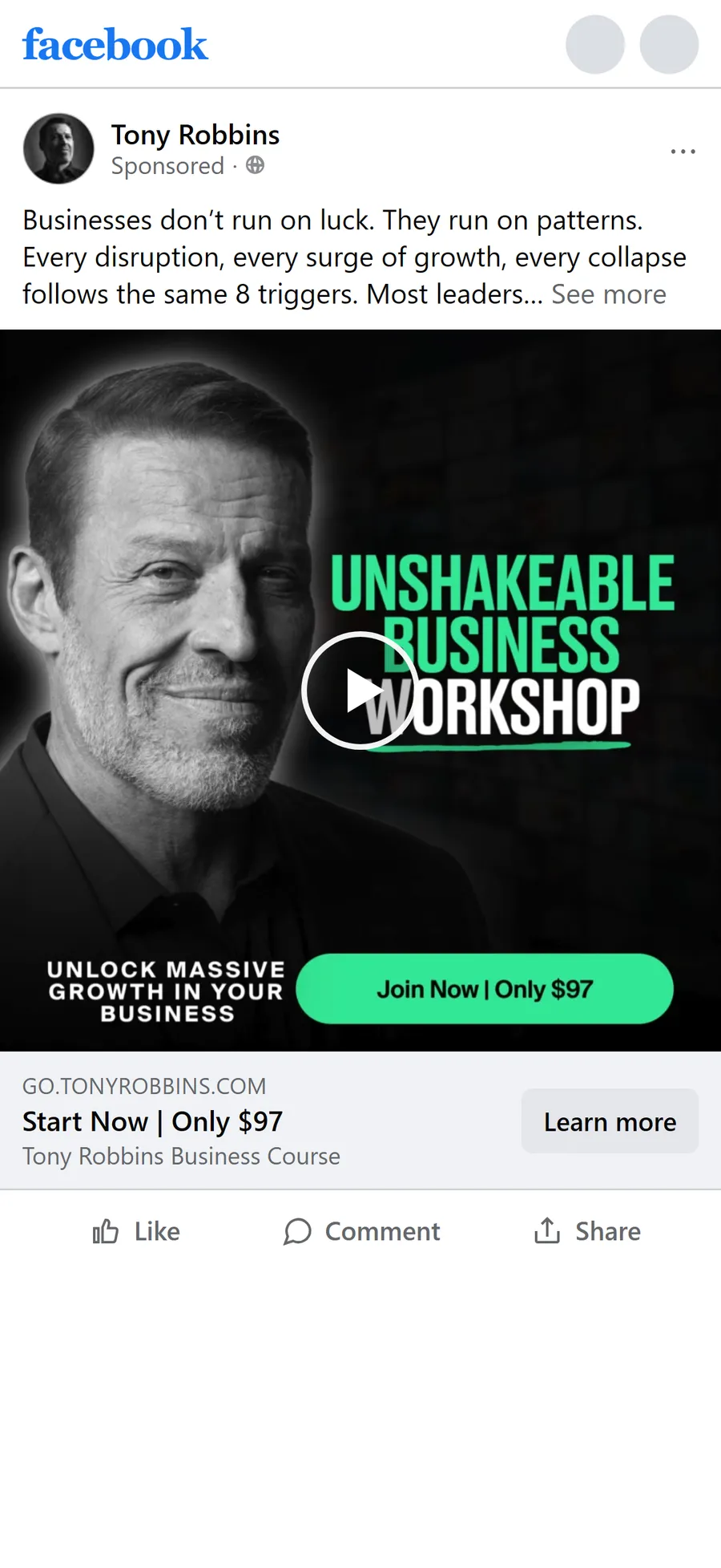 Tony Robbins — "Start Now | Only $97" ad (mobile)