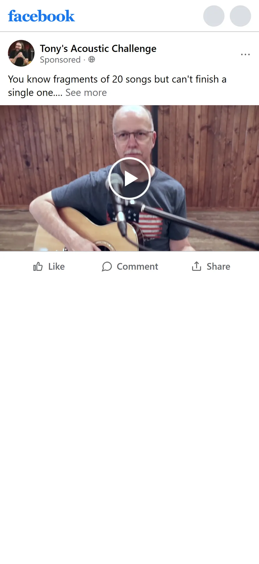 Tony's Acoustic Challenge — “You know fragments of 20 songs but can’t finish a single one.” (mobile)
