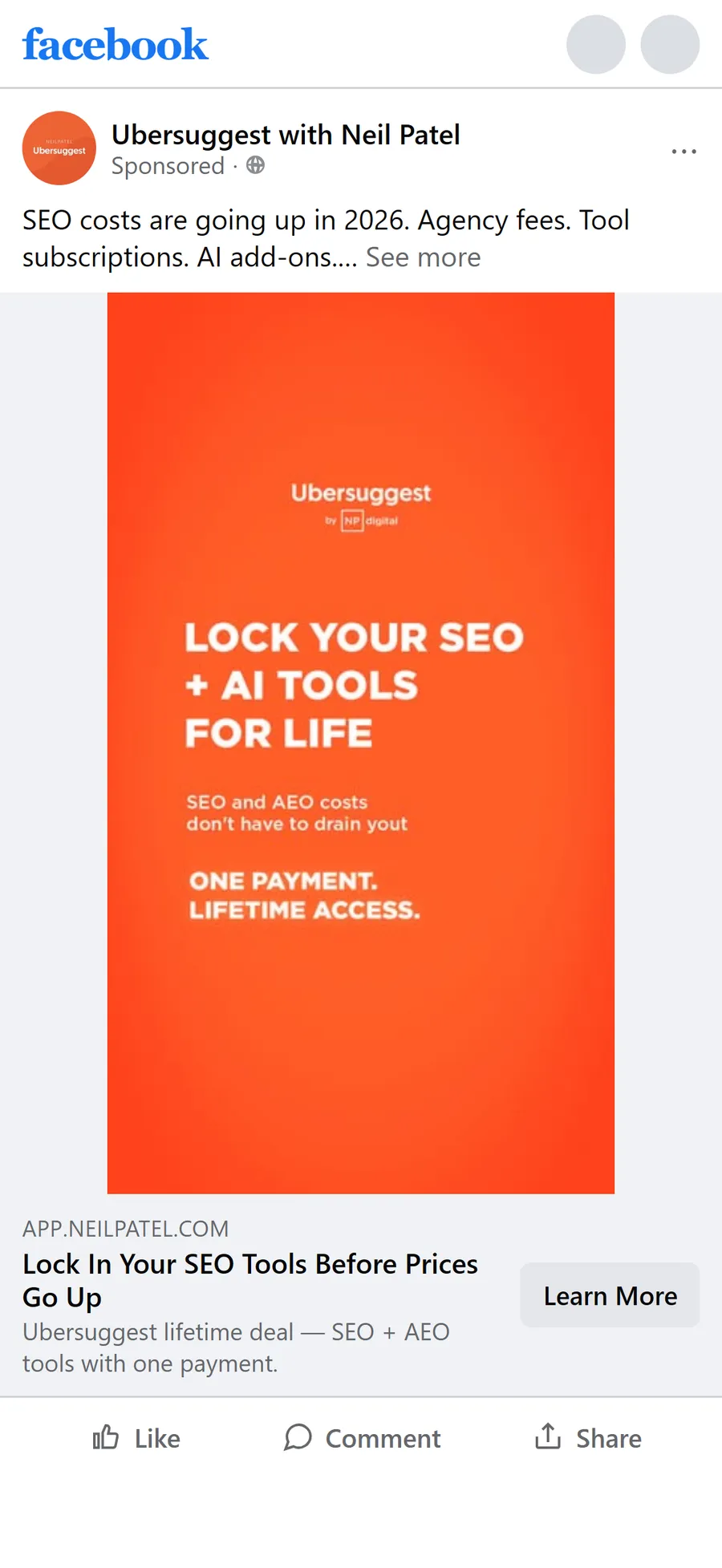 Ubersuggest — "Lock In Your SEO Tools Before Prices Go Up" (mobile)