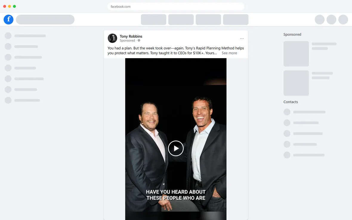 Tony Robbins — "How Tony Robbins Runs 110+ Companies" ad (desktop)