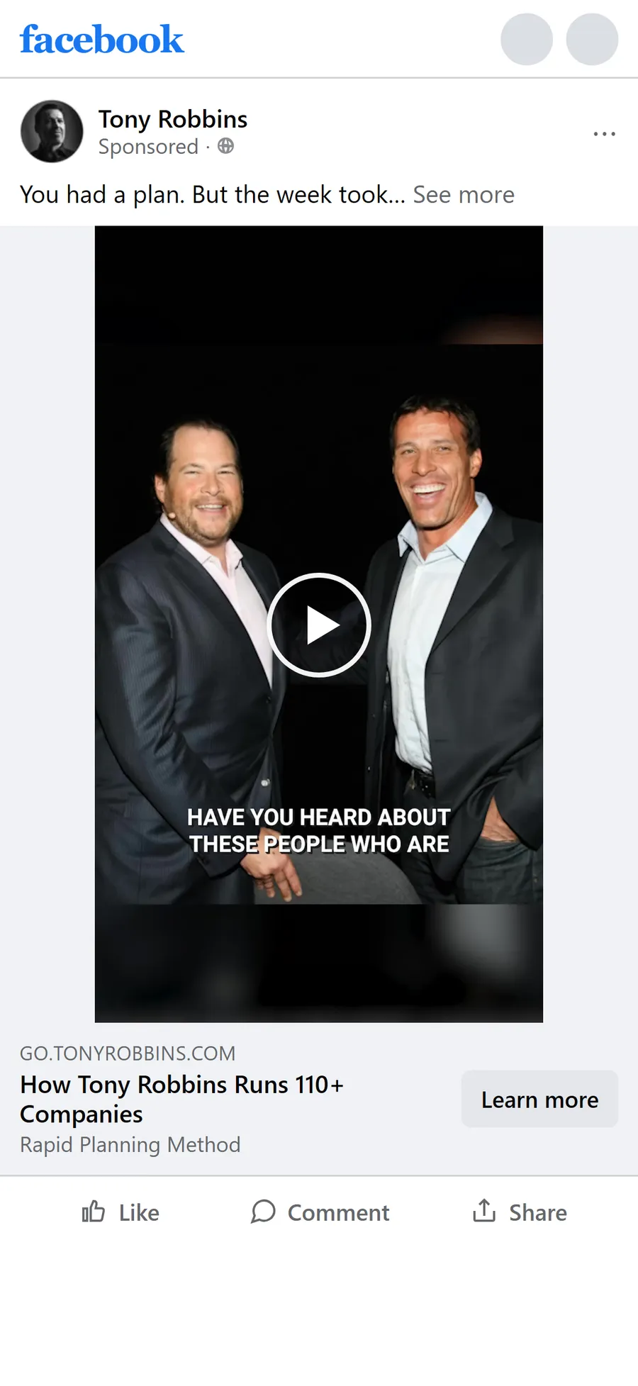Tony Robbins — "How Tony Robbins Runs 110+ Companies" ad (mobile)