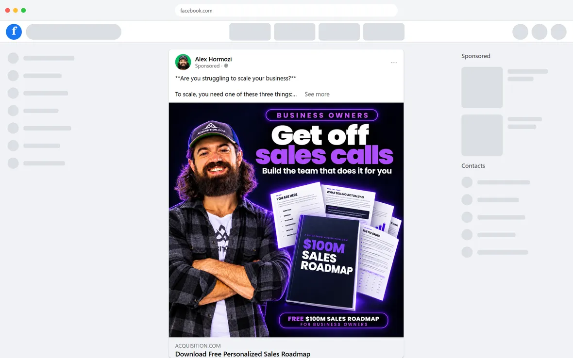 Acquisition.com — "Download Free Personalized Sales Roadmap" still ad (desktop)