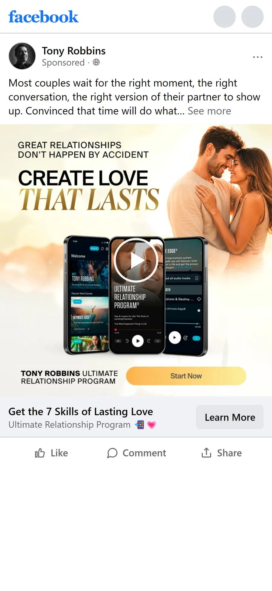Tony Robbins — "Get the 7 Skills of Lasting Love" ad (mobile)