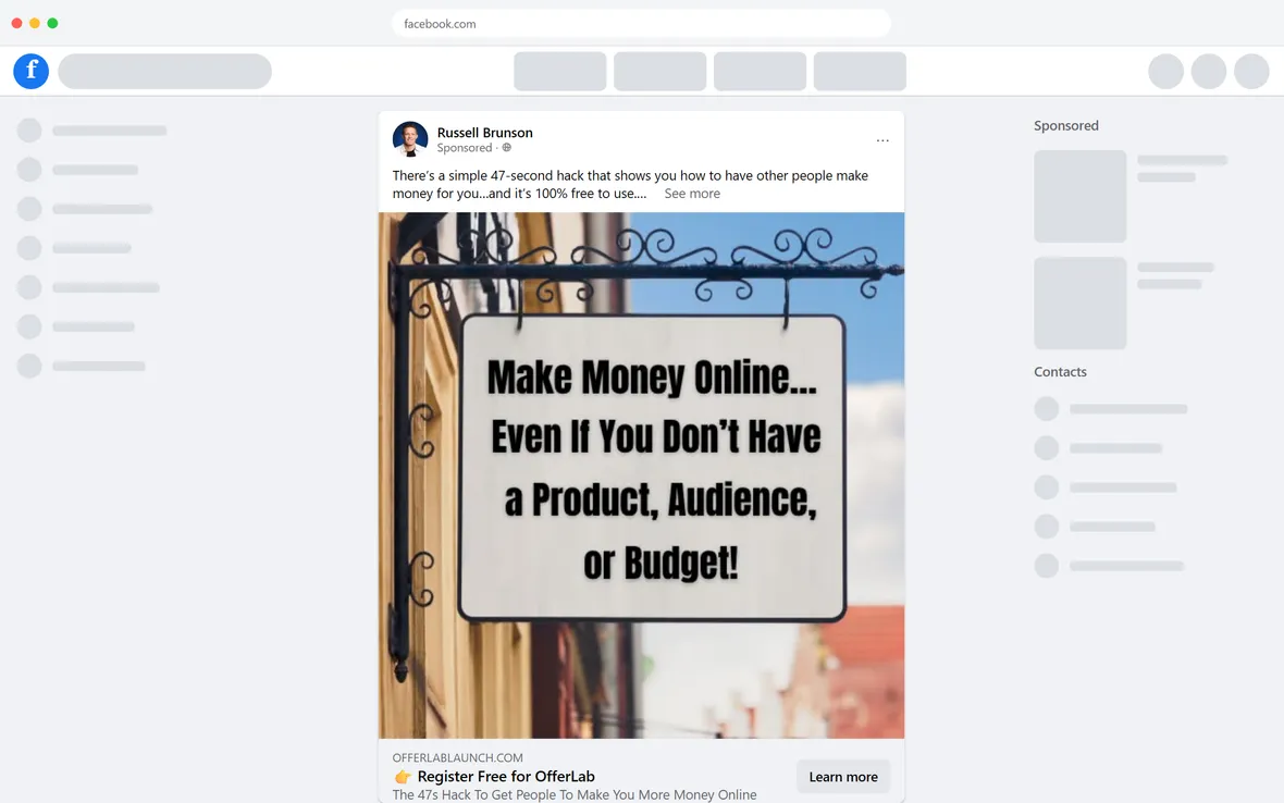 OfferLab — "Make Money Online… Even If You Don't Have a Product, Audience, or Budget!" sign ad (desktop)