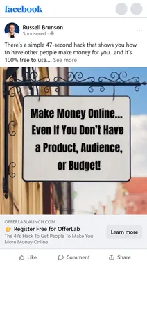 OfferLab — "Make Money Online… Even If You Don't Have a Product, Audience, or Budget!" sign ad