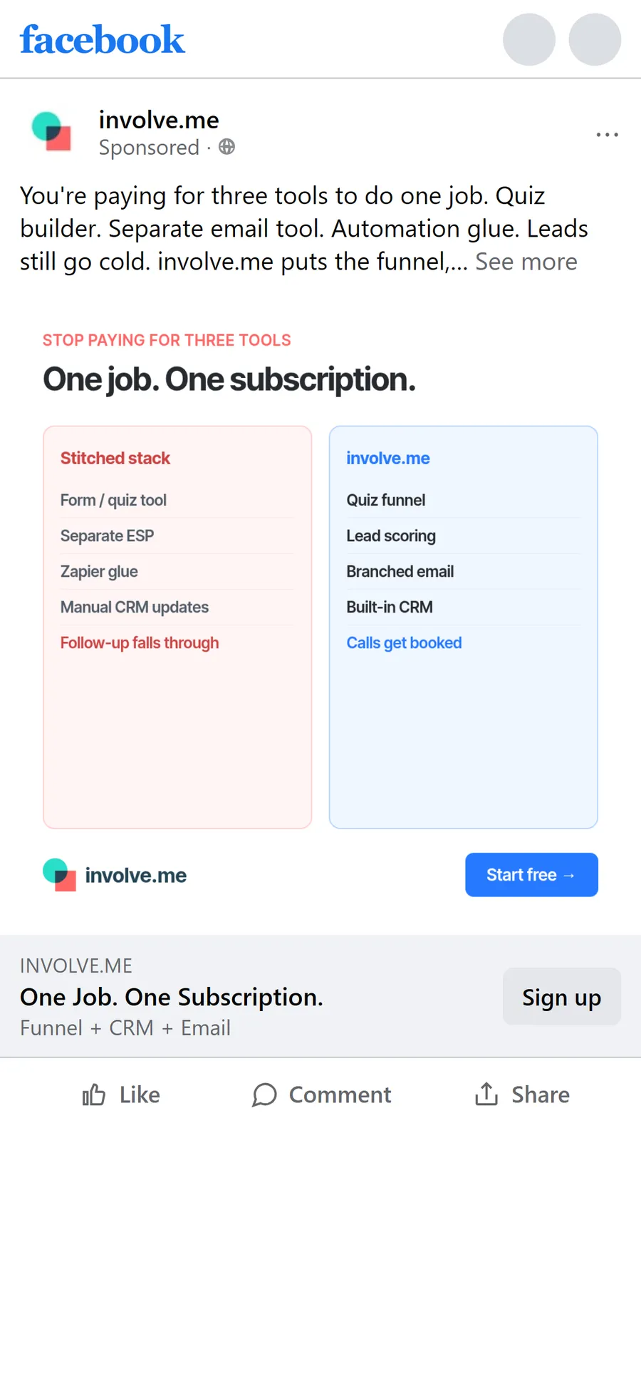 involve.me — "One job. One subscription." (for past visitors) (mobile)