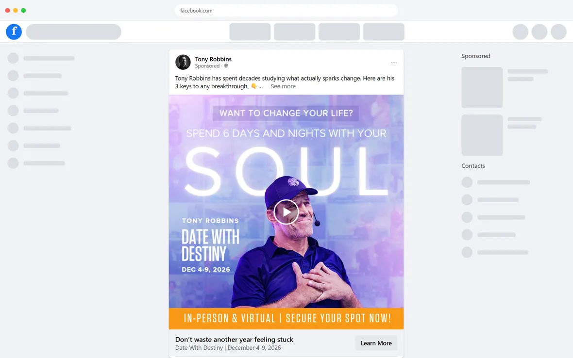 Tony Robbins — "Don't waste another year feeling stuck" three-keys ad (desktop)