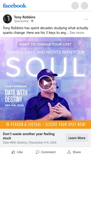 Tony Robbins — "Don't waste another year feeling stuck" three-keys ad