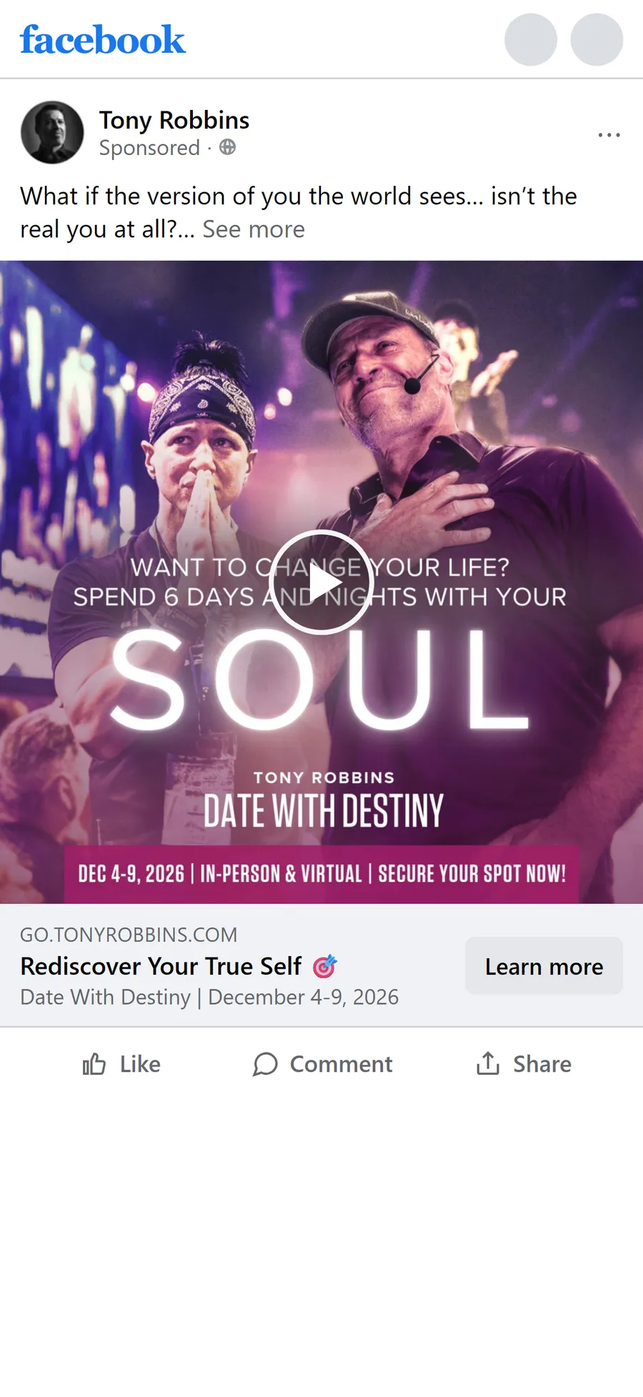Tony Robbins — "Rediscover Your True Self" ad (mobile)