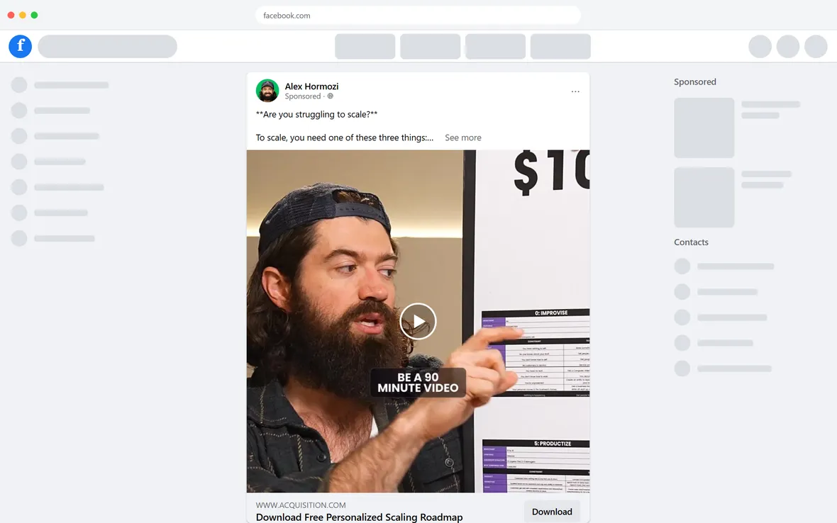 Acquisition.com — "Are you struggling to scale?" video ad (desktop)