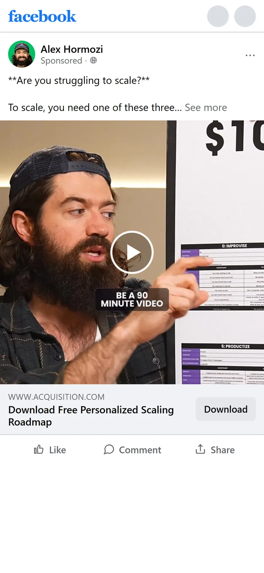 Acquisition.com — "Are you struggling to scale?" video ad (mobile)