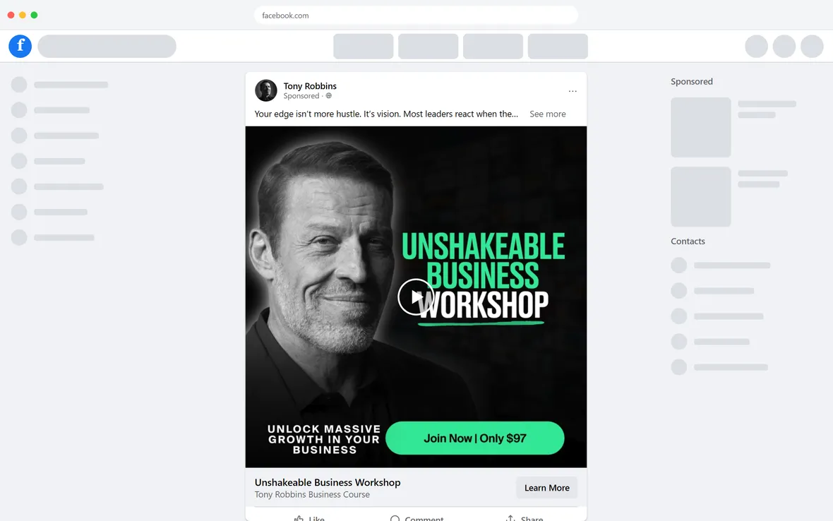 Tony Robbins — "Your edge isn't more hustle. It's vision." ad (desktop)