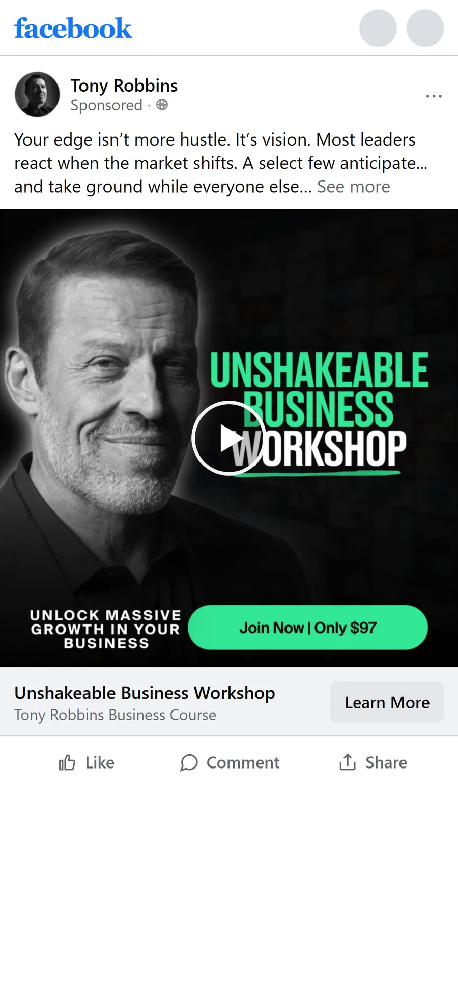 Tony Robbins — "Your edge isn't more hustle. It's vision." ad (mobile)