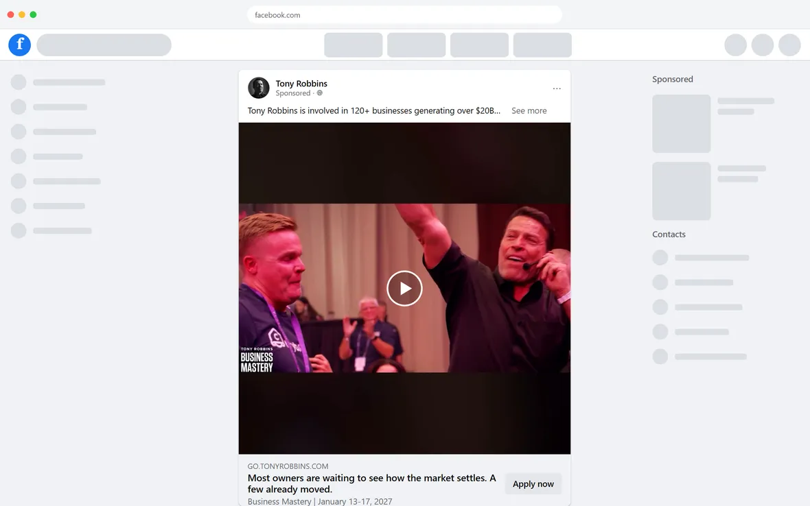 Tony Robbins — "Most owners are waiting to see how the market settles" ad (desktop)