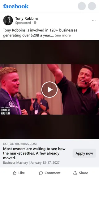 Tony Robbins — "Most owners are waiting to see how the market settles" ad