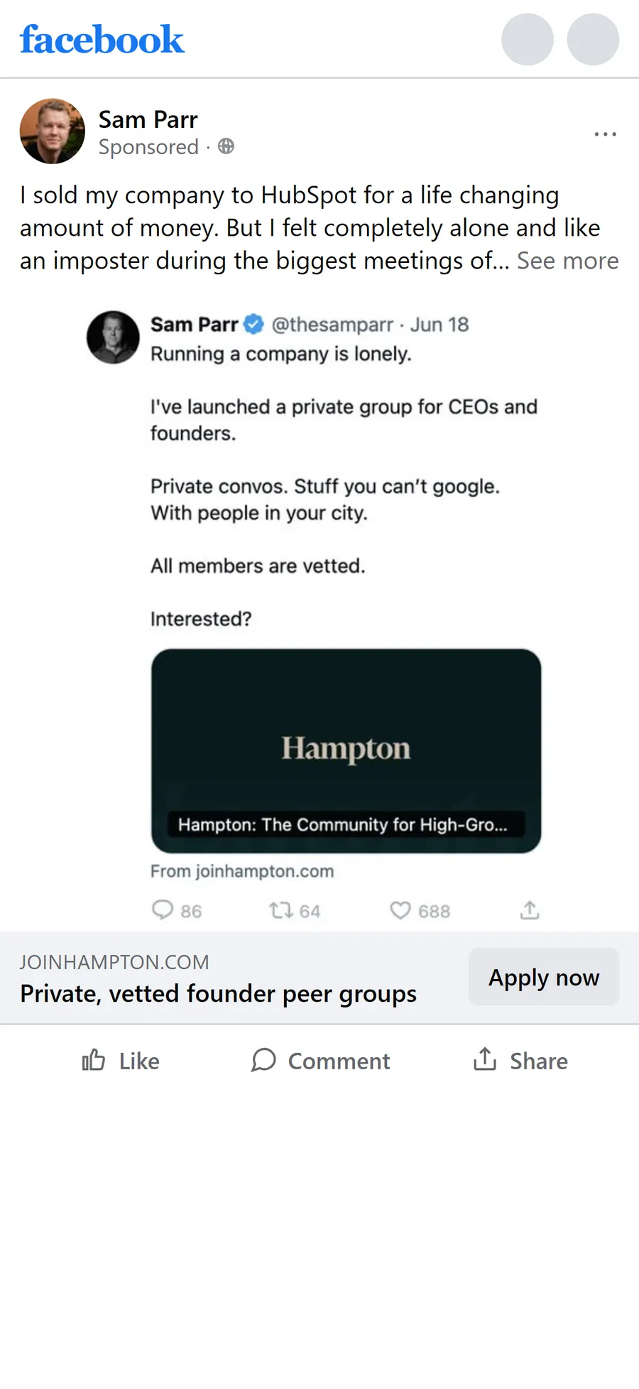 Hampton — "I sold my company to HubSpot… But I felt completely alone" (mobile)