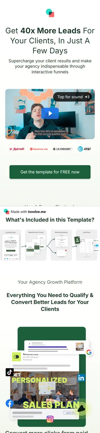 involve.me — Agency template page ("Get 40x More Leads For Your Clients, In Just A Few Days")