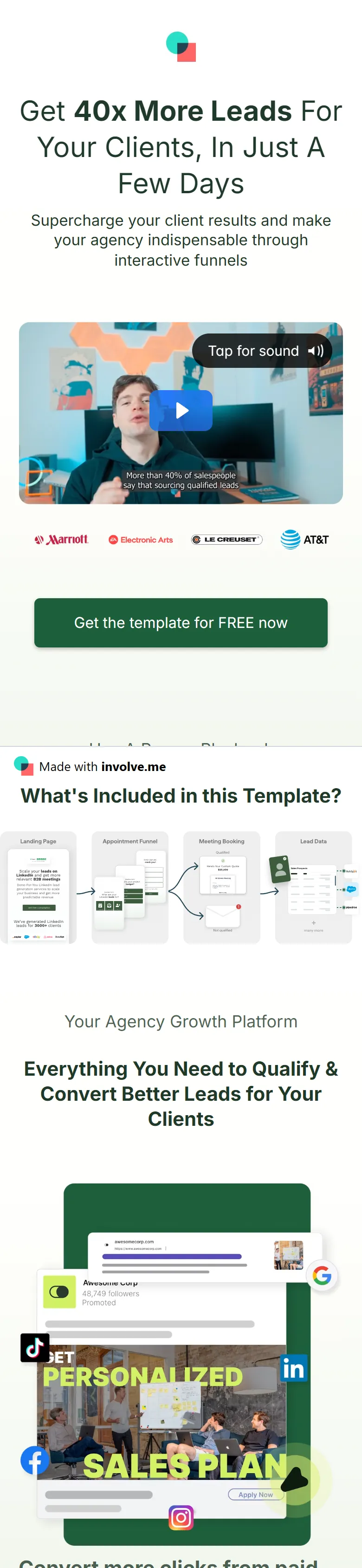 involve.me — Agency template page ("Get 40x More Leads For Your Clients, In Just A Few Days") (mobile)