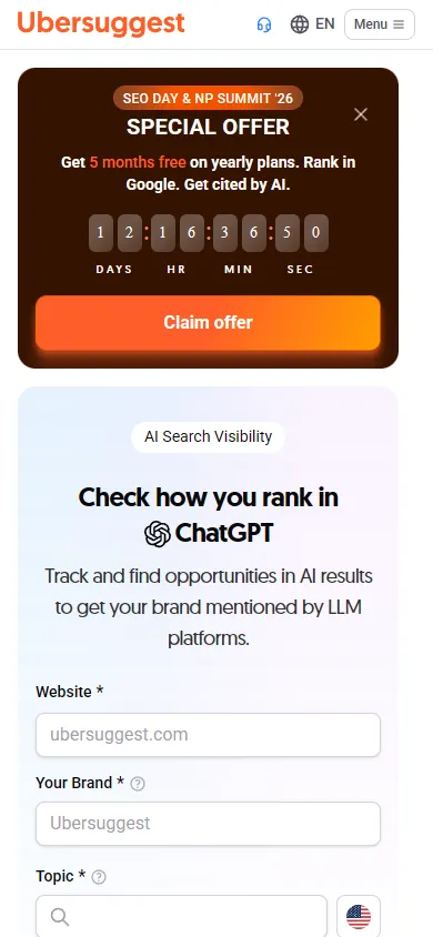 Ubersuggest — "Check how you rank in ChatGPT" (mobile)