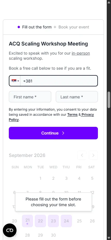 Acquisition.com — Workshop fit-check booking (mobile)