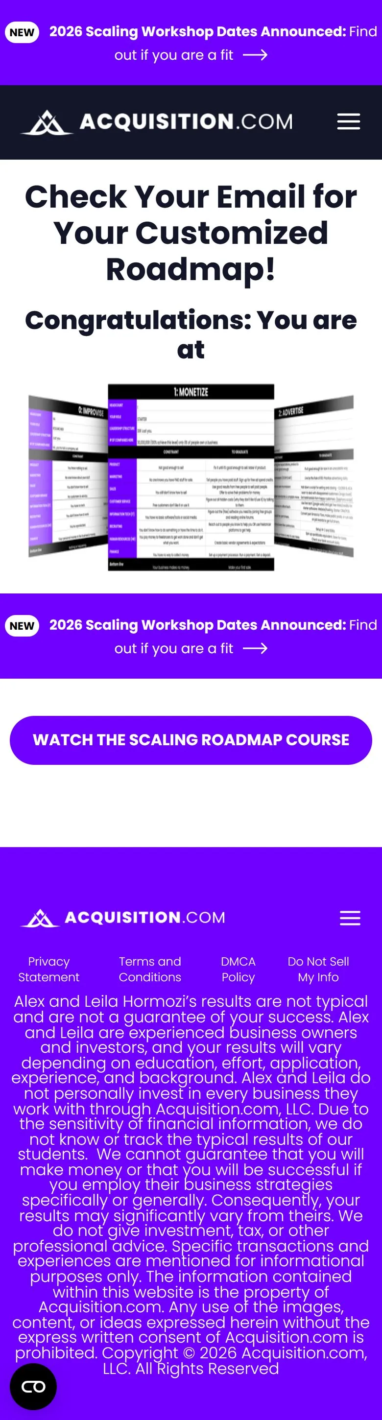 Acquisition.com — "Check Your Email" — the course page (mobile)