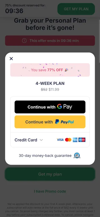 Simple — Checkout modal — "You save 77%"