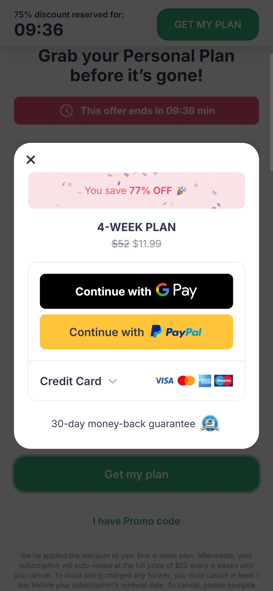 Simple — Checkout modal — "You save 77%" (mobile)