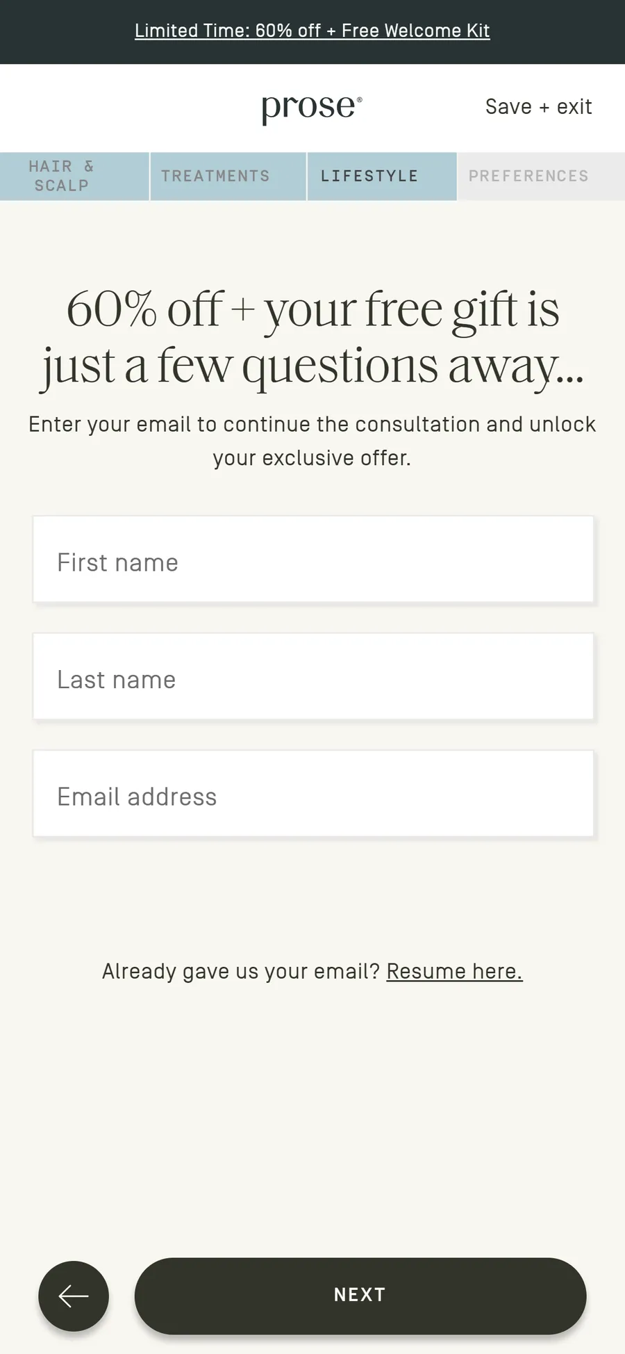 Prose — "60% off + your free gift is just a few questions away" (mobile)