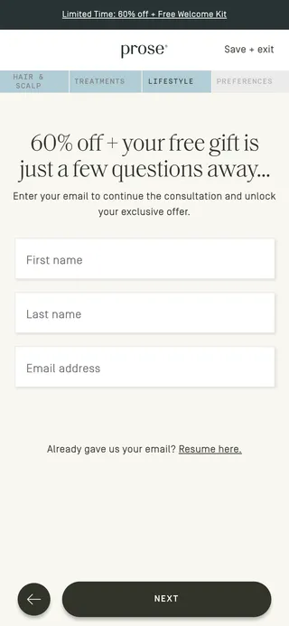 Prose — "60% off + your free gift is just a few questions away"