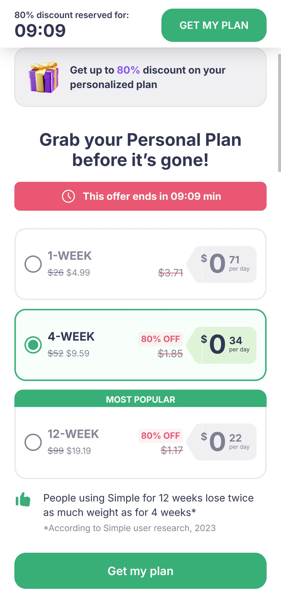 Simple — Close checkout → "special 80% discount" (screen 2)