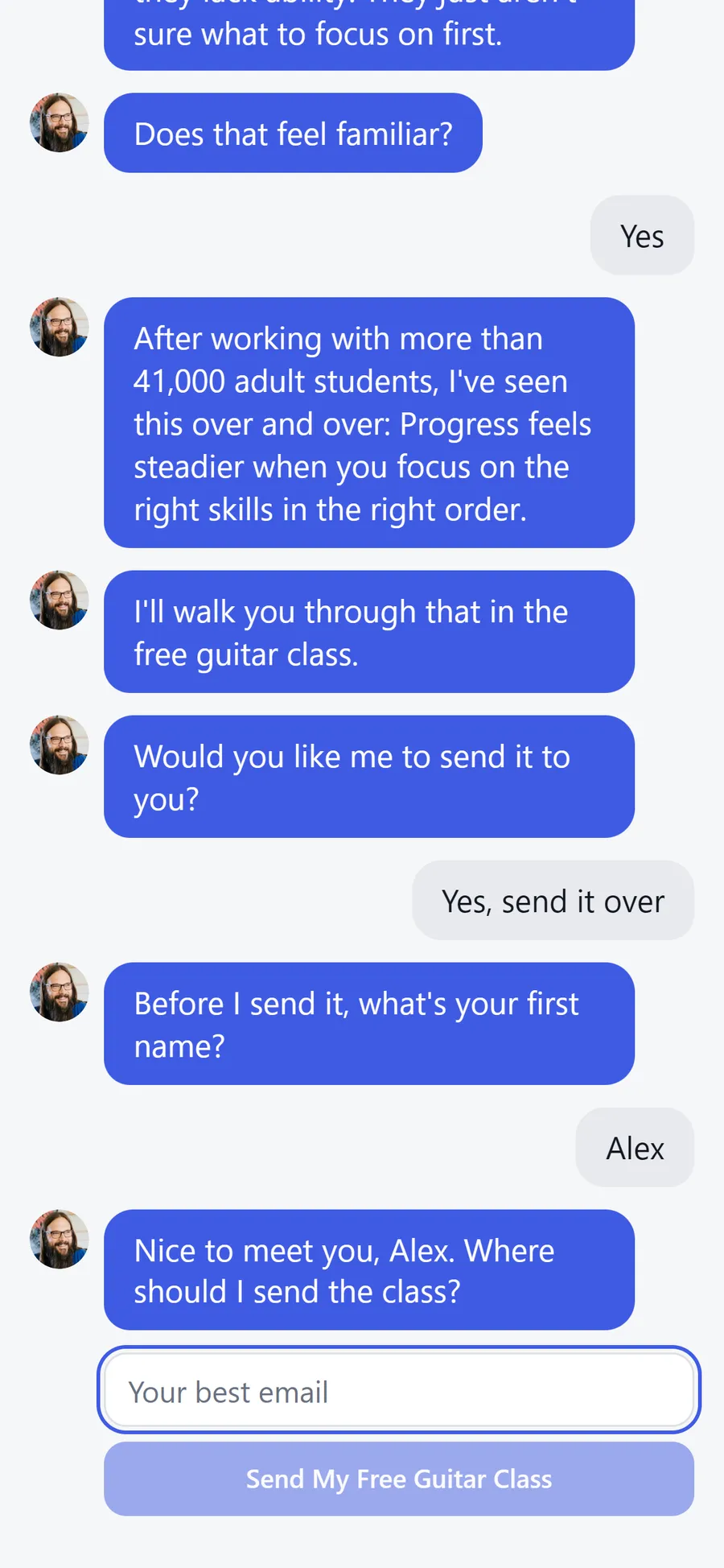 Tony's Acoustic Challenge — guitarclass.tv: an opt-in as a conversation (screen 5)