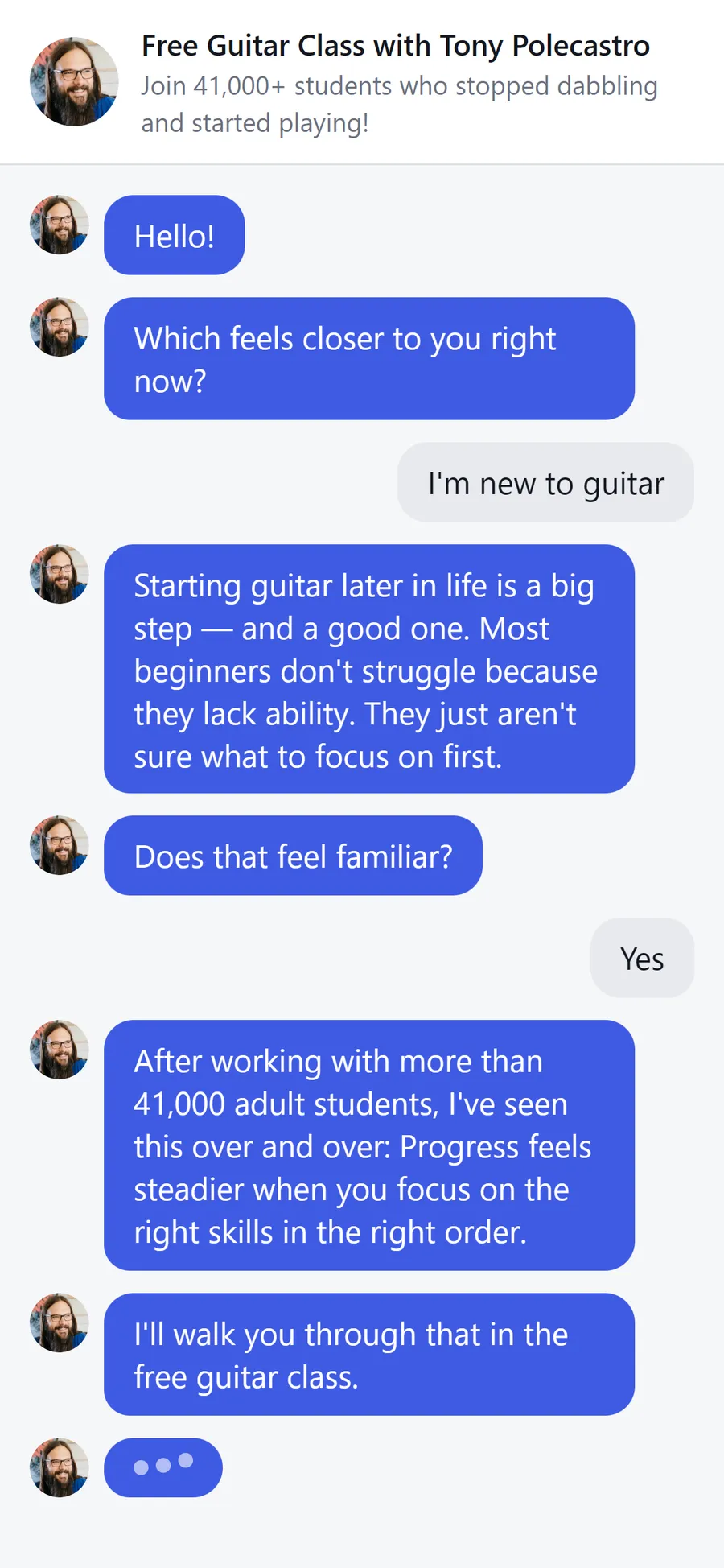 Tony's Acoustic Challenge — guitarclass.tv: an opt-in as a conversation (screen 3)