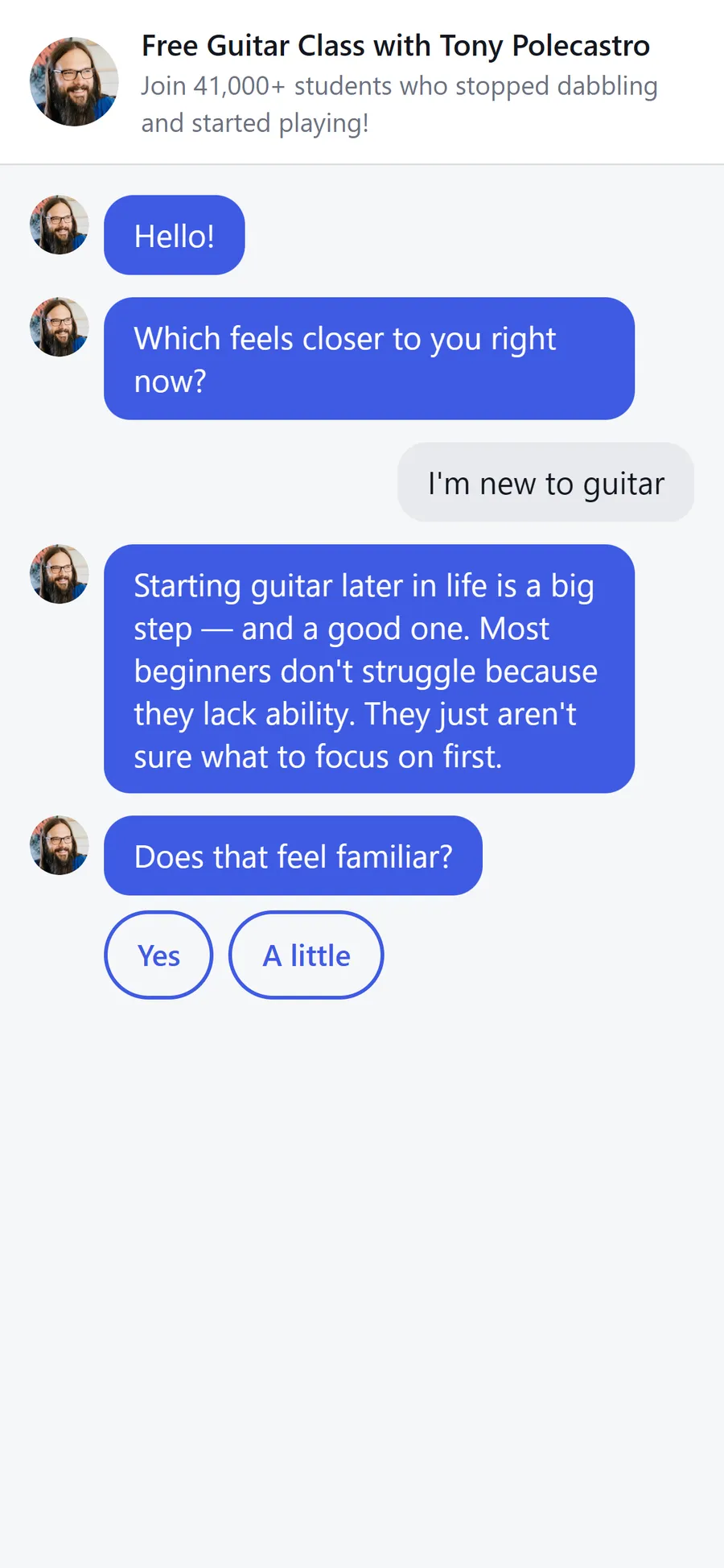 Tony's Acoustic Challenge — guitarclass.tv: an opt-in as a conversation (screen 2)