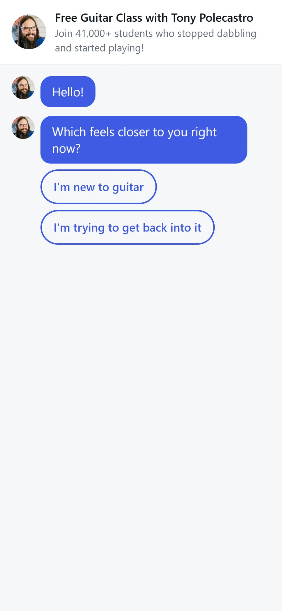 Tony's Acoustic Challenge — guitarclass.tv: an opt-in as a conversation (screen 1)