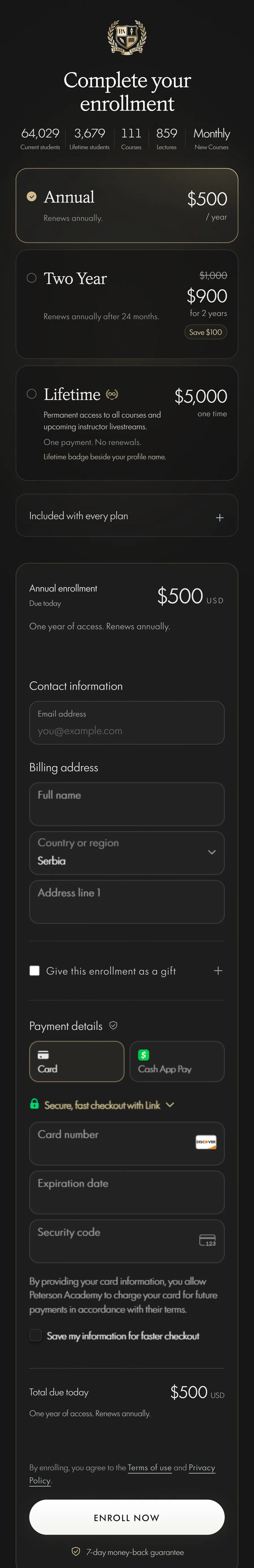 Peterson Academy — “Complete your enrollment” (mobile)