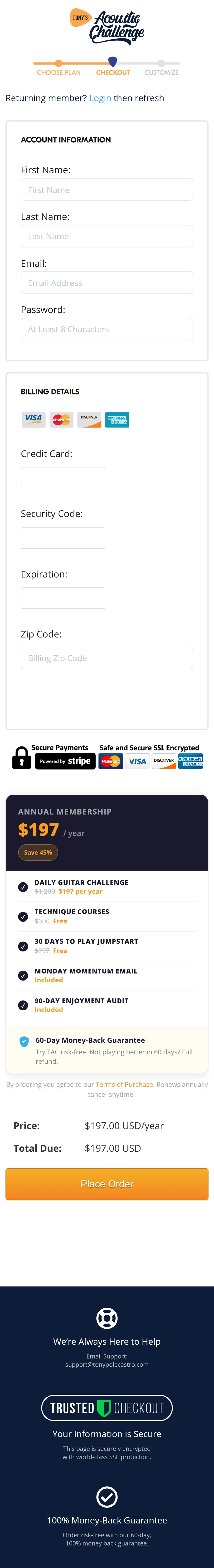 Tony's Acoustic Challenge — Checkout: the same lessons, priced at $1,200 or $300 (mobile)