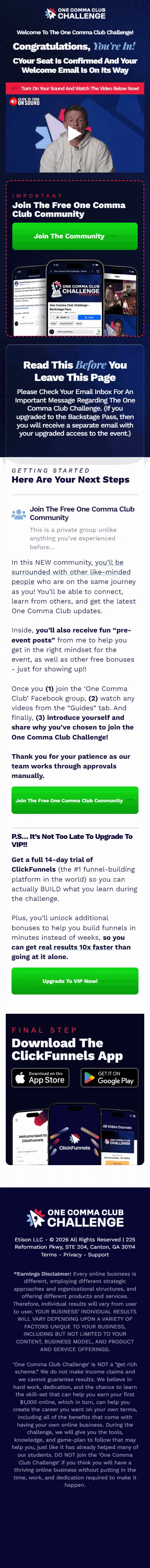 ClickFunnels — "Congratulations, you're in!" confirmation (mobile)
