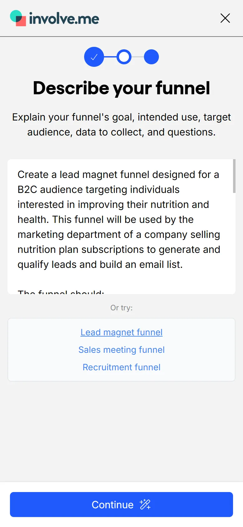 involve.me — Create with AI (it builds your funnel before you sign up) (screen 2)