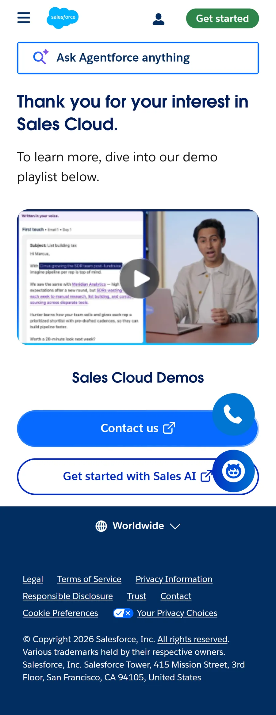 Salesforce — “Thank you for your interest in Sales Cloud.” (mobile)