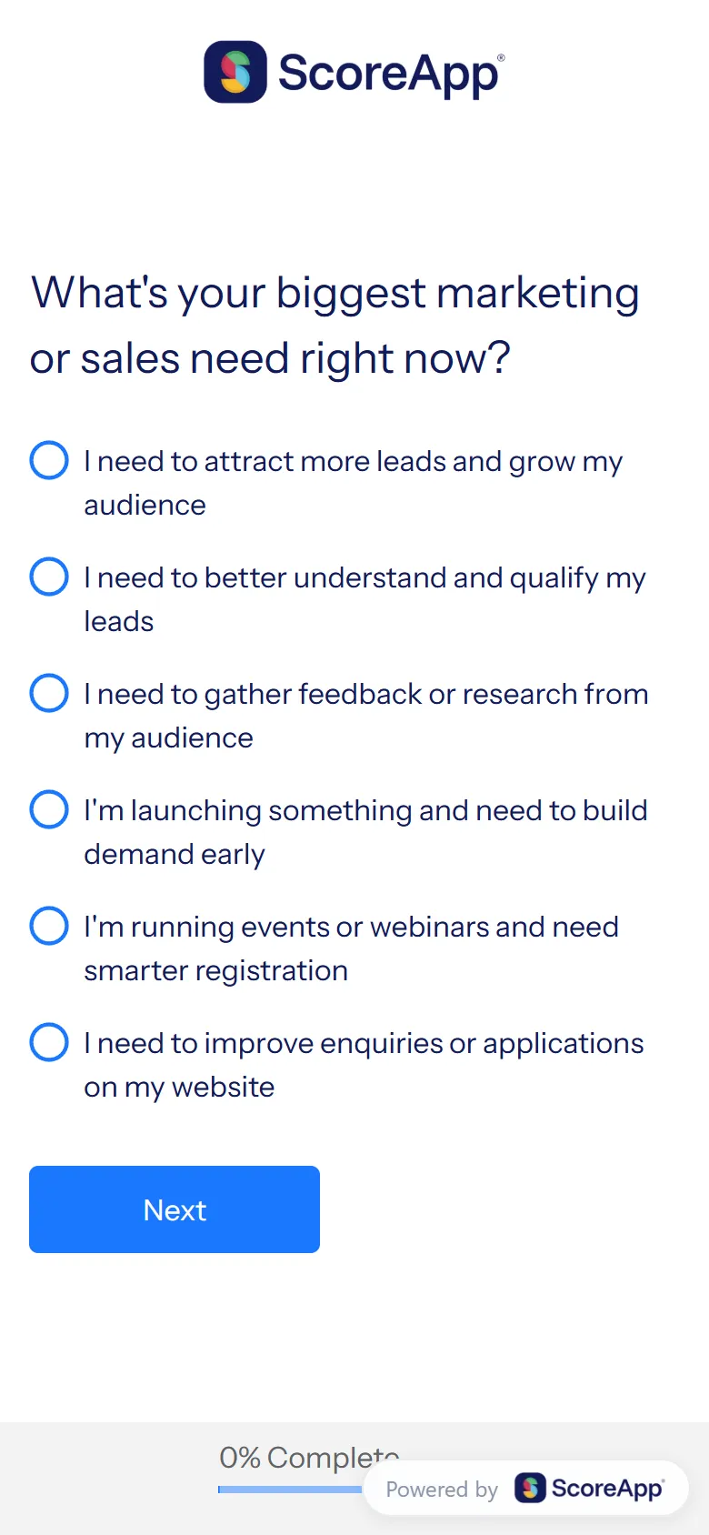 ScoreApp — "Which scorecard does your business actually need?" diagnostic (screen 2)