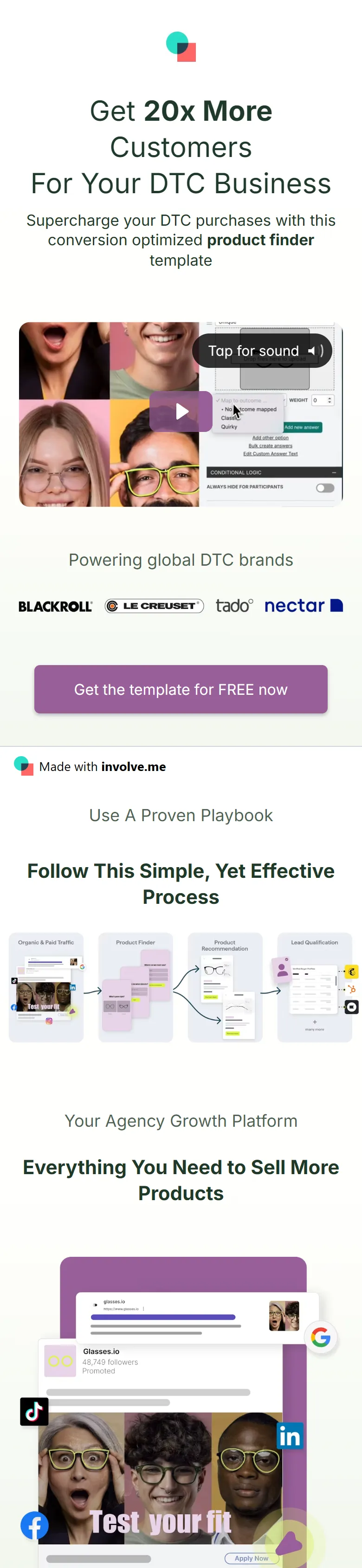involve.me — Online-shop template page ("Get 20x More Customers For Your DTC Business") (mobile)
