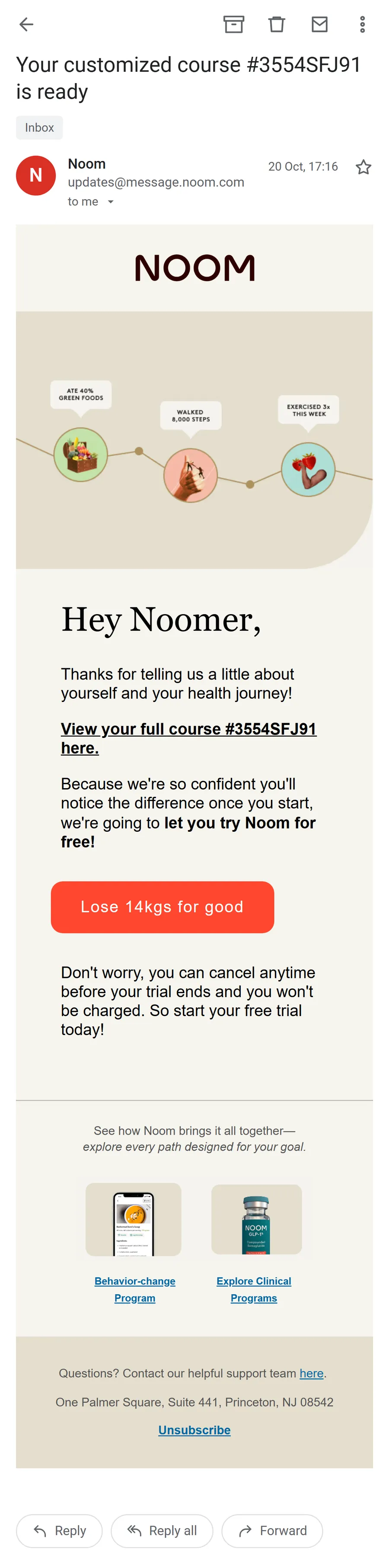 Noom — "Your customized course #3554SFJ91 is ready" (mobile)