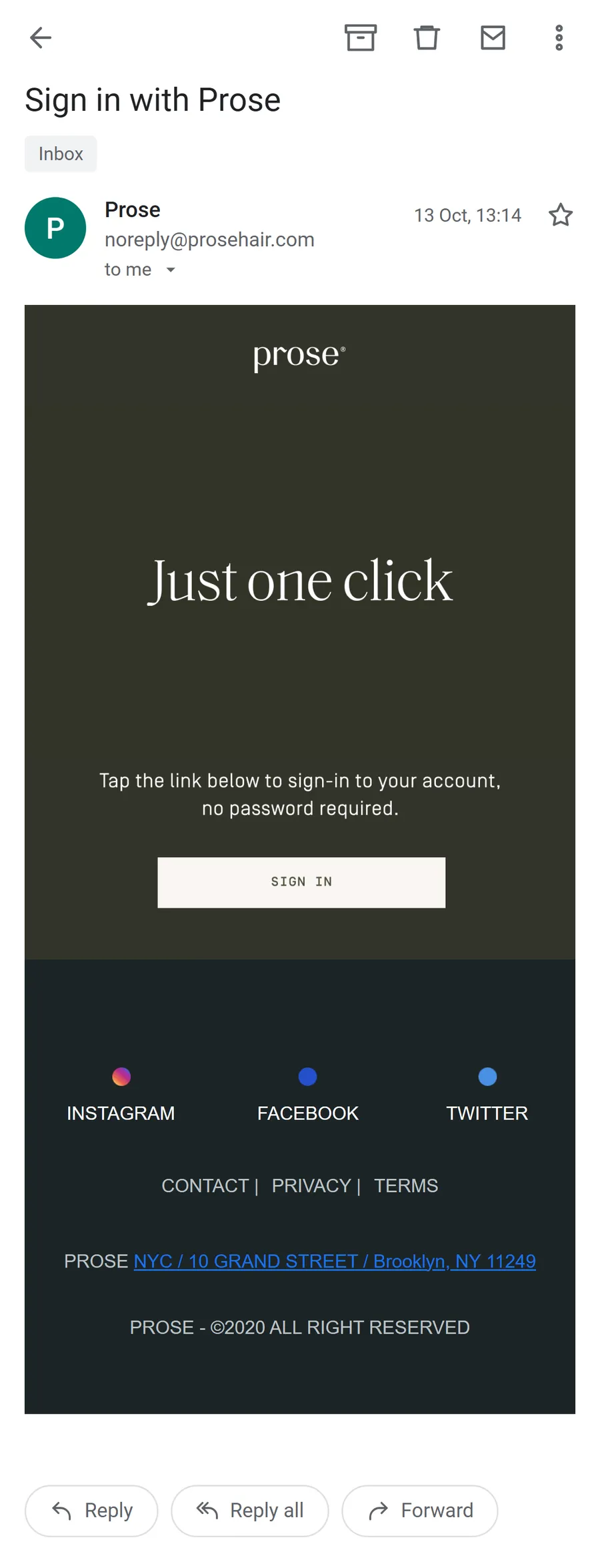 Prose — "Sign in with Prose" magic link (mobile)