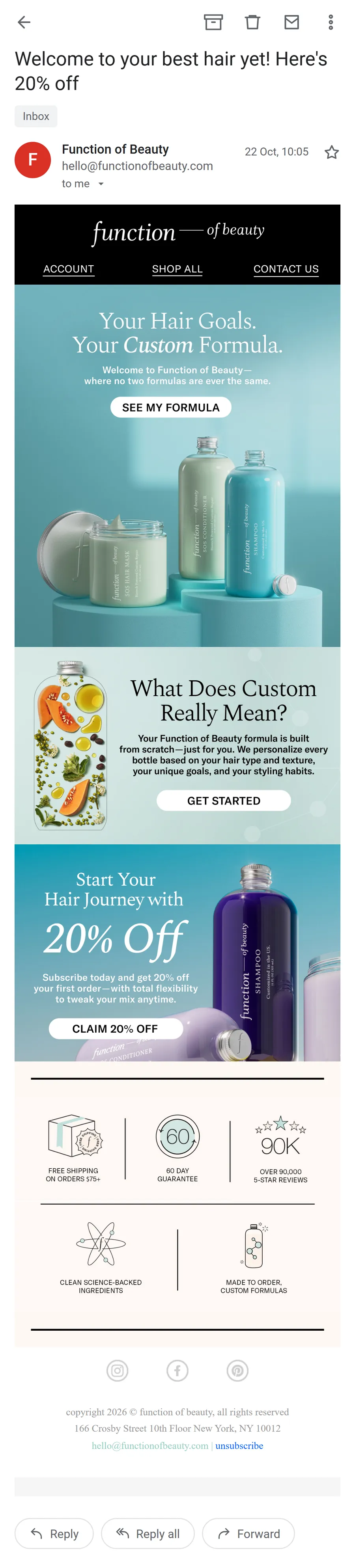 Function of Beauty — "Welcome to your best hair yet! Here's 20% off" (mobile)