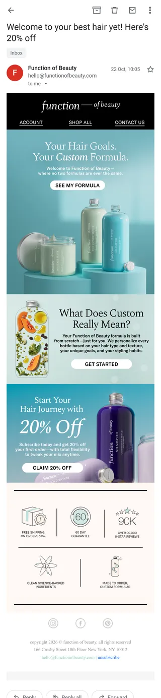 Function of Beauty — "Welcome to your best hair yet! Here's 20% off"