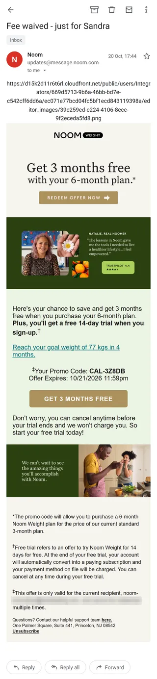 Noom — "Fee waived - just for Sandra"